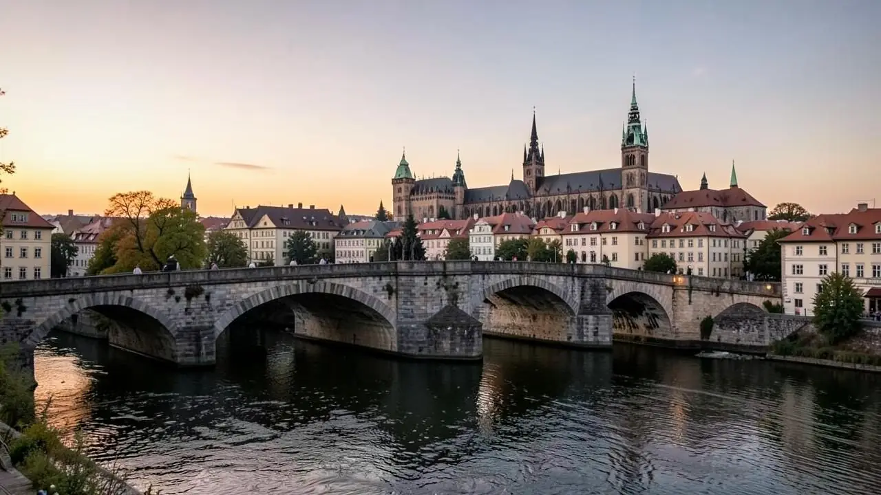 The Charles Bridge and Prague Castle at dawn with no one on the bridge