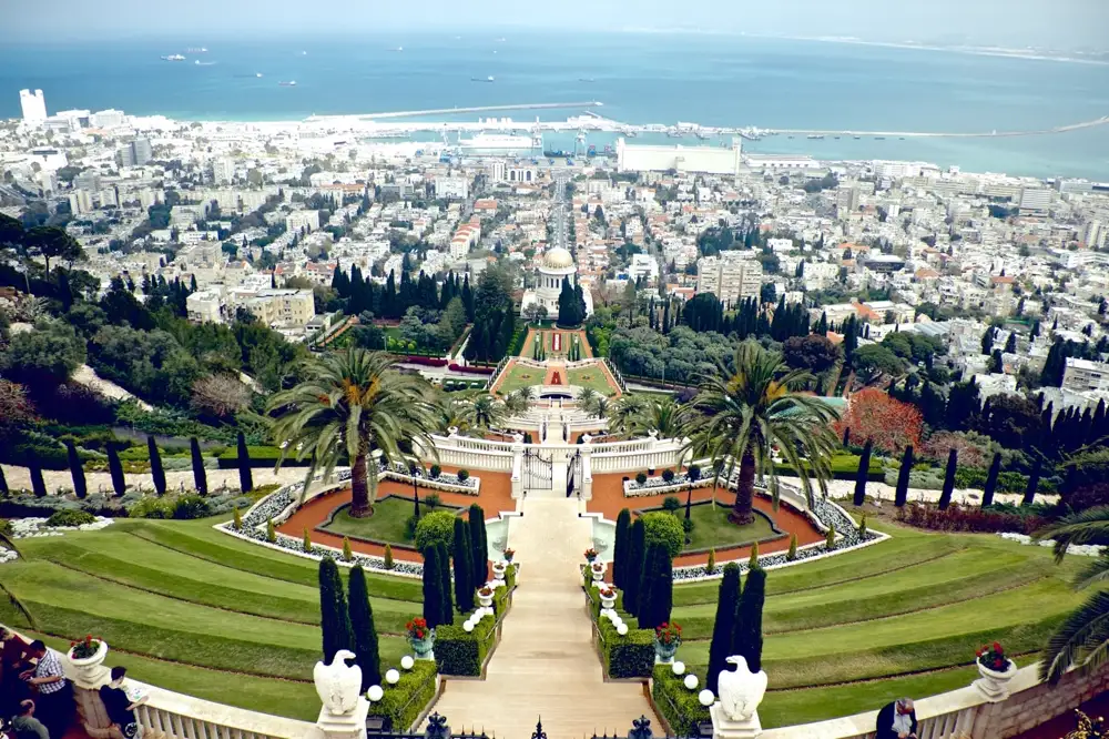 The Bahai Gardens terraces descending Mount Carmel toward Haifa bay