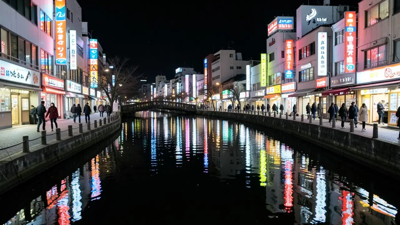 Neon signs reflected in the Dotonbori canal in Osaka at night